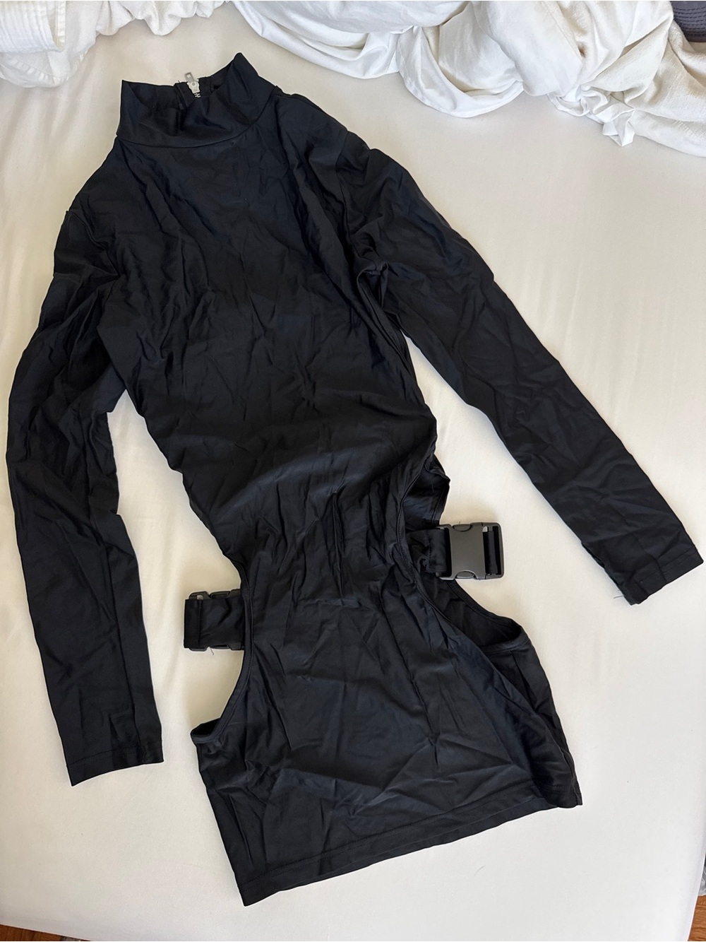 Long Sleeve Mockneck Cutout Mini Rave Wear Dress with Buckles size L